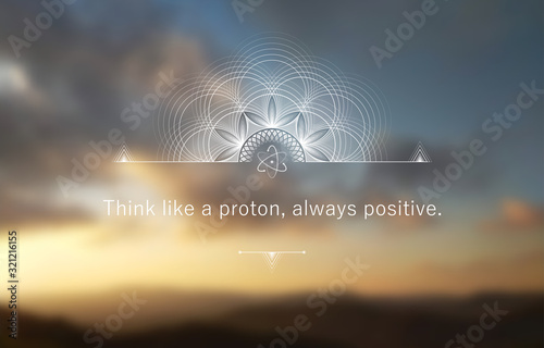 Vector template of banner with inspirational phrase, horizontal format; Spiritual sacred geometry on blur background with sky and mountains; Poster for yoga, meditation, relax and positive thinking.