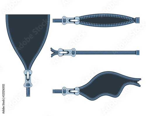 Set of plastic zippers in different positions on white background.