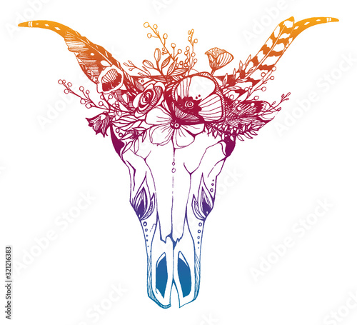 Cow, buffalo, bull skull in tribal style with flowers. Bohemian, boho vector ...