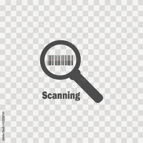 Barcode icon vector - barcode search, information reading. Flat design icon magnifier, magnifying glass and barcode on a transparent background