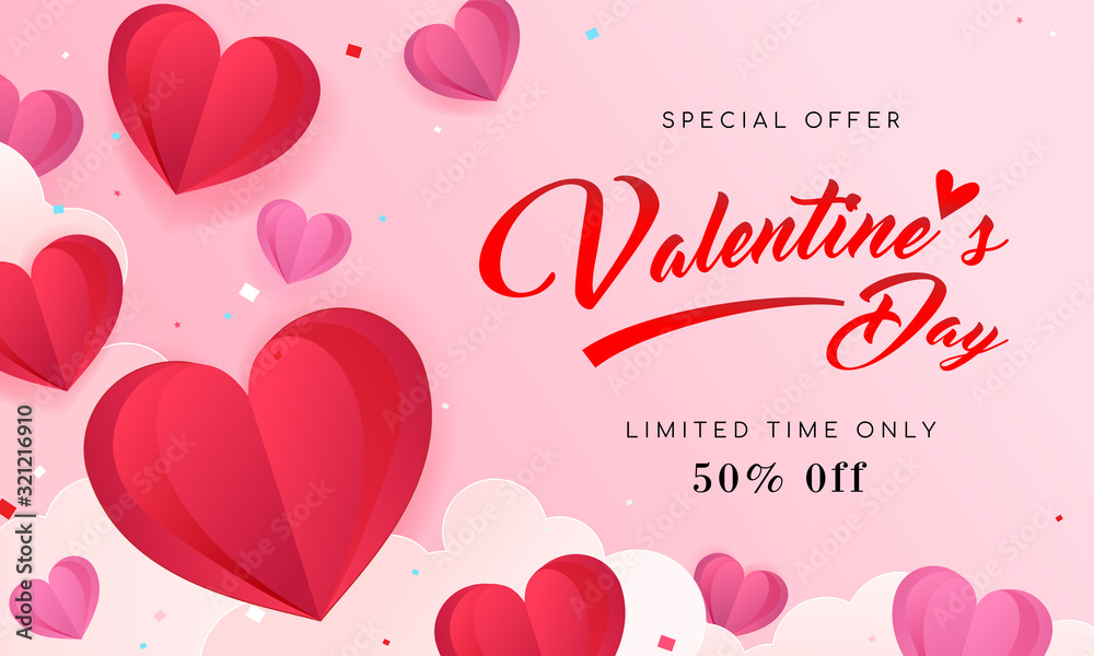 Valentine's Day Sale Background Vector illustration. falling paper hearts with confetti on pink background