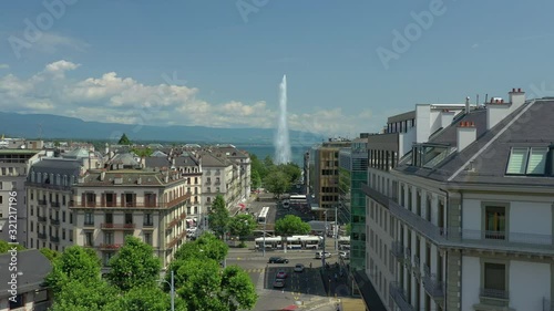 sunny day geneva city center lake fountain traffic street aerial panorama 4k switzerland