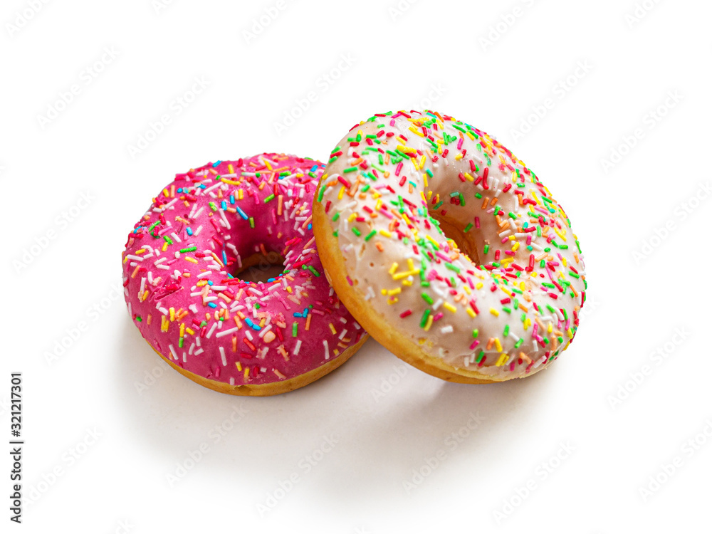 Doughnuts with pink and vanilla icing on white