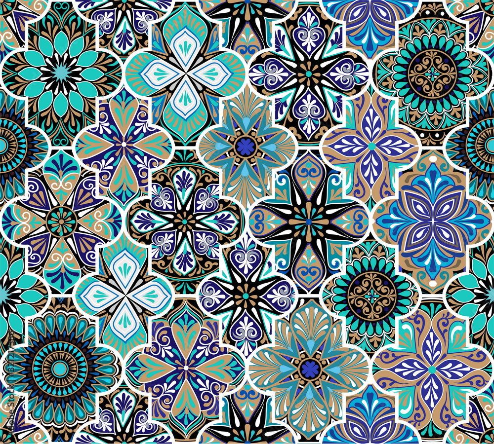 Colorful floral seamless ornamental east pattern with mandala in patchwork boho chic style, in portuguese and moroccan motif