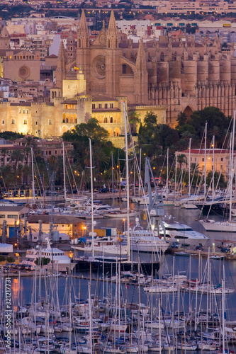 View on harbour, old town and cathedral, Palma, Majorca, Spain, Europe
