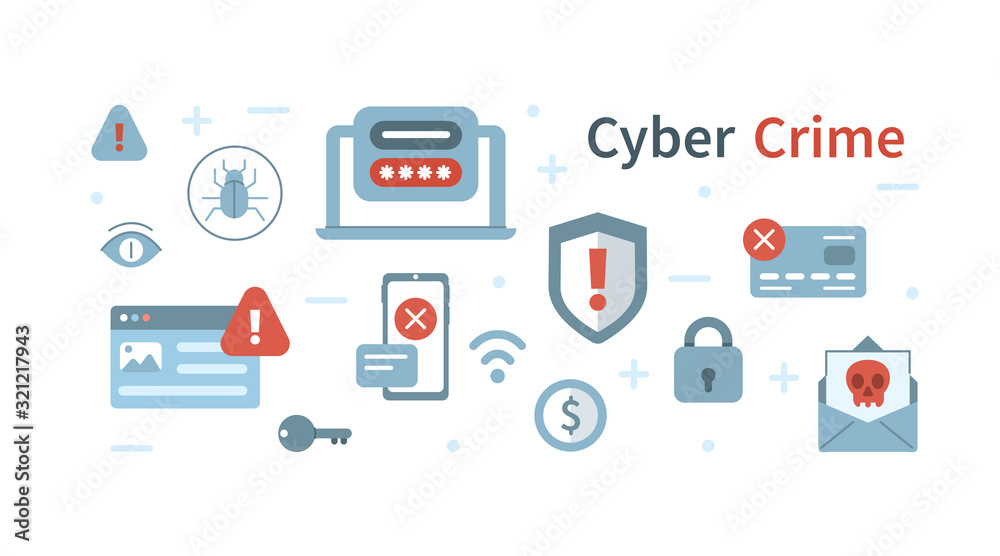  Cyber Attack Icons Set. Identity Theft, Stealing Personal Information and Data. Password Security. Cyber Crime and Internet Criminal Concept. Flat Cartoon Vector Illustration.