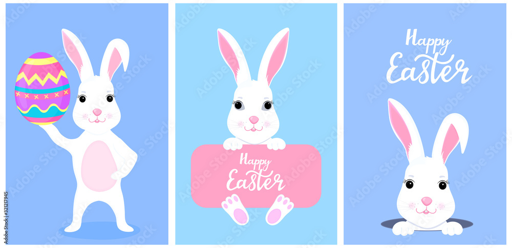 Set of funny white Easter bunnies. White rabbit peeking out of a hole Set of funny white Easter bunnies. White rabbit peeking out of a hole