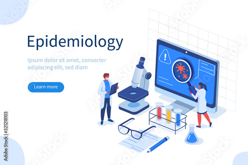 Scientists Working in Laboratory and Making Microbiological Testing. Medical Staff Researching Virus in Petri Dish. Epidemiology and Antivirus Vaccine Concept. Flat Isometric Vector Illustration. photo