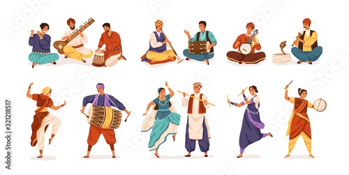 Collection of cartoon indian street artists vector flat illustration. Set of smiling people musicians and dancers isolated on white background. Characters in traditional dress playing instruments