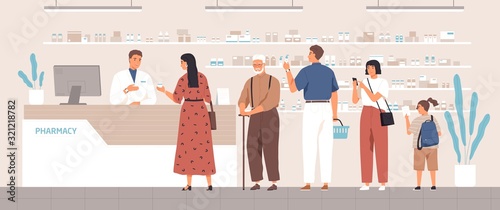 Smiling cartoon pharmacist and clients in counter at pharmacy vector flat illustration. Different positive people standing in queue at drugstore. Colored customers characters buying medicines photo