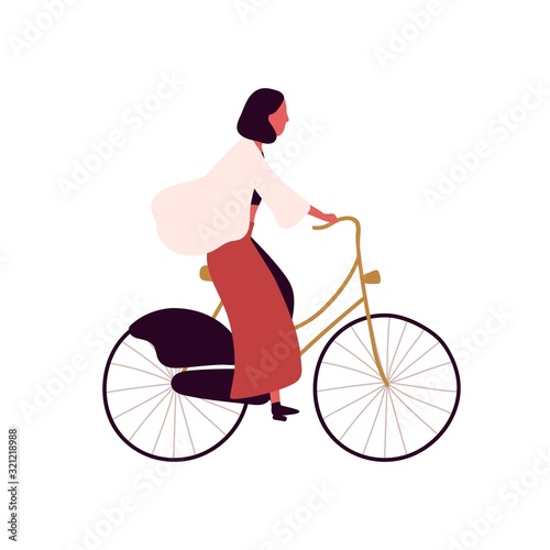 Trendy woman cyclist vector flat illustration. Cartoon stylish girl riding on bike outdoor isolated on white background. Young happy female enjoying sports activity and healthy lifestyle