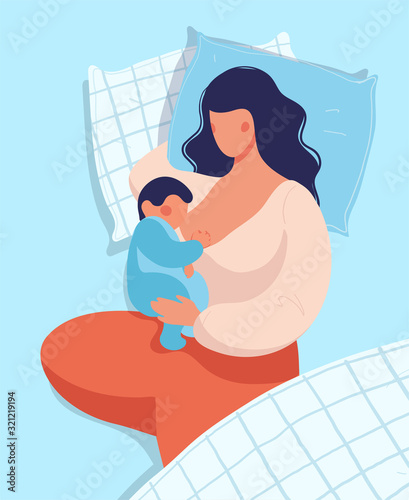 Woman breastfeeding a baby while lying in bed. Conceptual illustration of breastfeeding, safe sleeping with baby, motherhood, care and relaxation. Flat vector illustration.