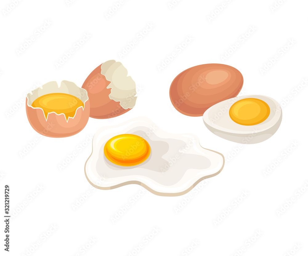 Boiled and Scrambled Eggs Isolated on White Background Vector Composition Boiled and Scrambled Eggs Isolated on White Background Vector Composition