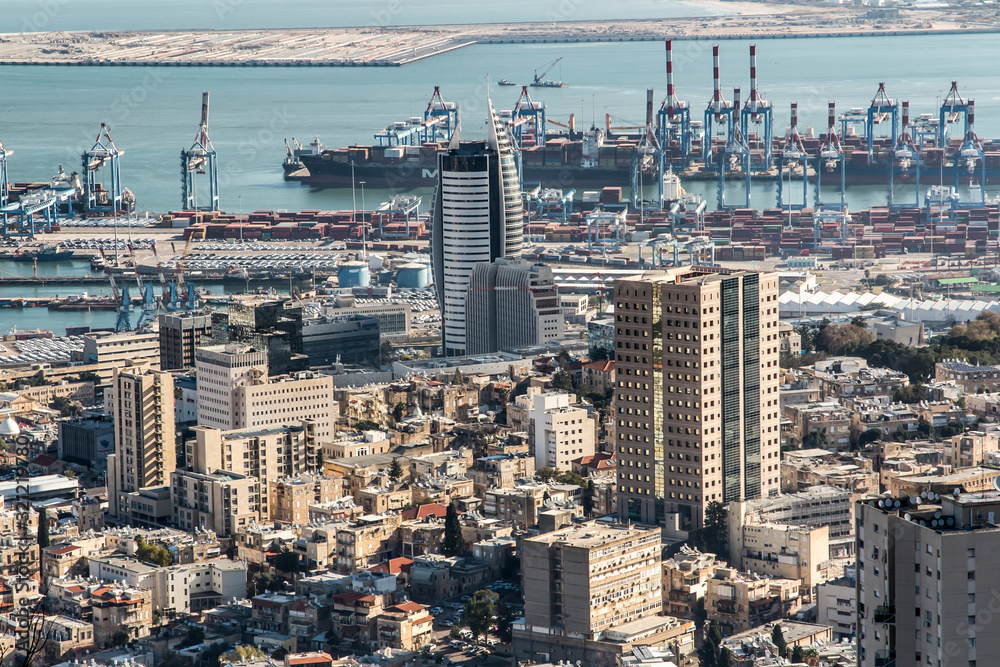 View of Haifa from the hill. Haifa is an Israeli city and port on the Mediterranean Sea.