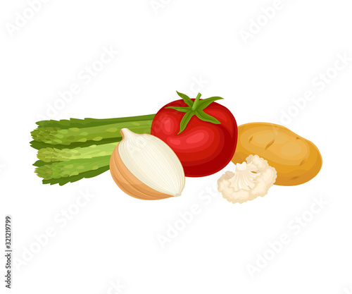 Asparagus and Tomato Vegetables Isolated on White Background Vector Composition