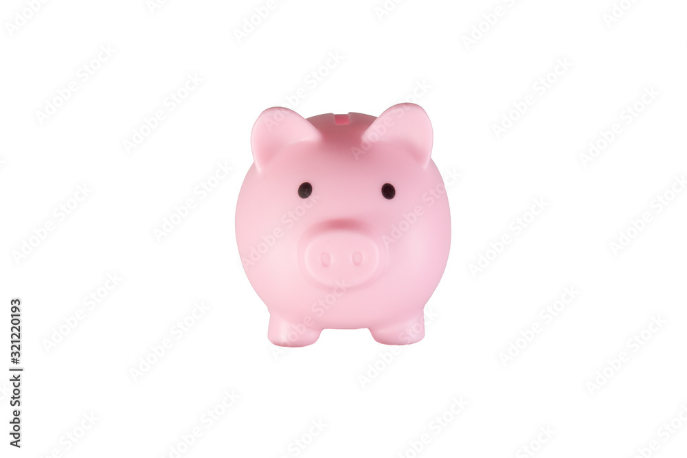 pink piggy bank isolated on white background front view.