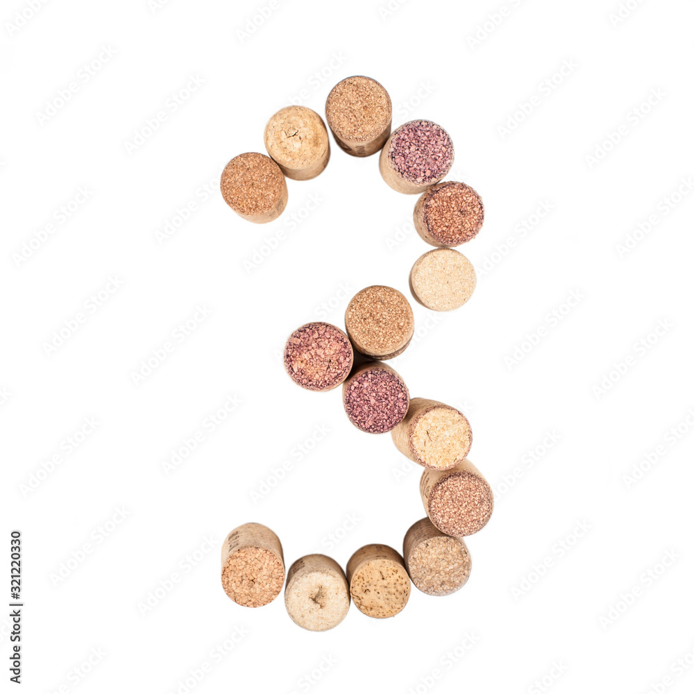 The number 3 is made from wine corks, close-up. Isolated on white background The number 3 is made from wine corks, close-up. Isolated on white background