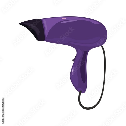 Purple hairdryer for home, hotel, hairdressing salon, barber shop. Blowdryer designed to blow cool or hot air over wet or damp hair for drying. Vector cartoon illustration isolated on white.