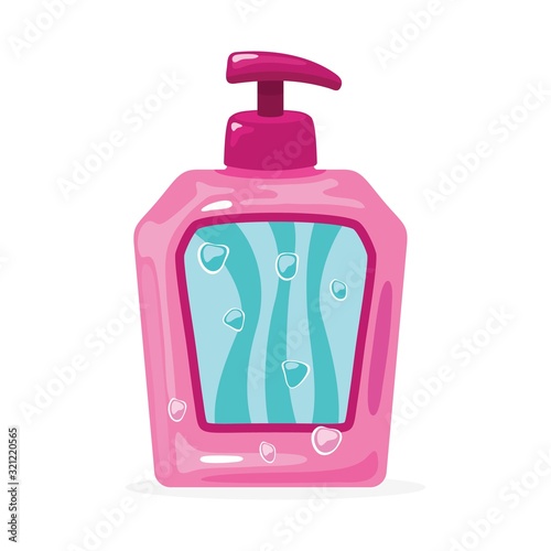 Pink bottle with pump and blue label. Rose template, mockup plastic packing for shampoo, hair conditioner, balm, liquid soap, body cream, lotion. Vector cartoon illustration isolated on white.