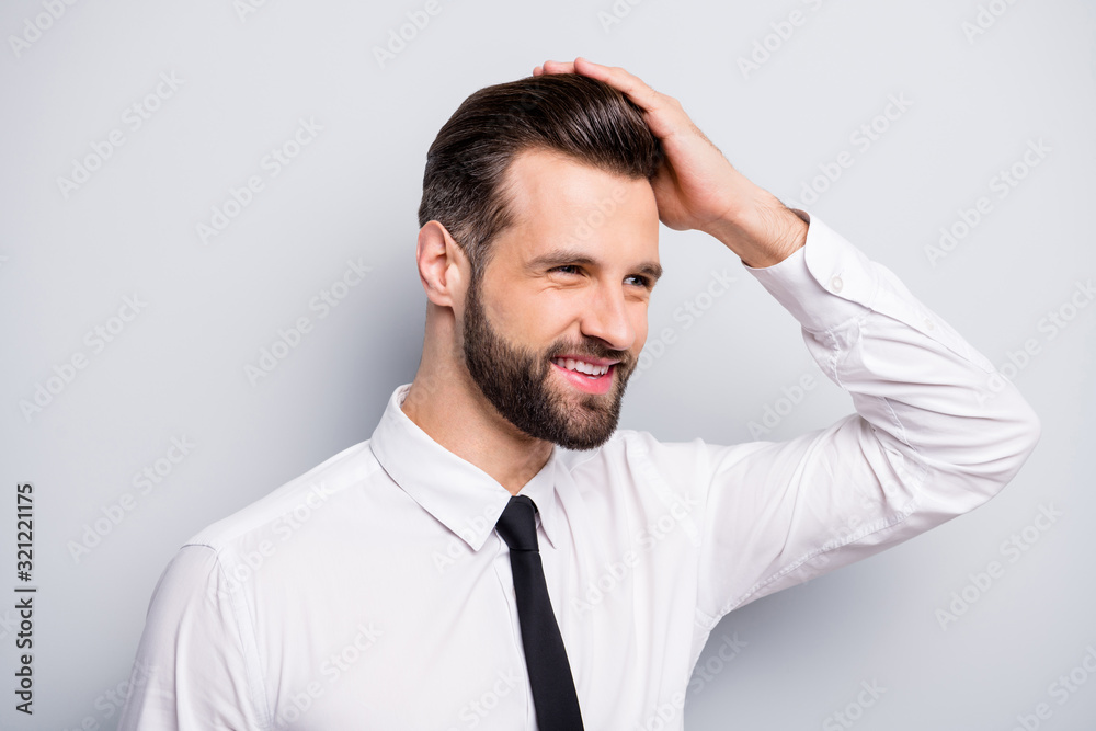 Closeup photo of macho business man touch groomed neat hairdo salon beaming smiling look empty space wear white office shirt tie isolated grey color background Closeup photo of macho business man touch groomed neat hairdo salon beaming smiling look empty space wear white office shirt tie isolated grey color background