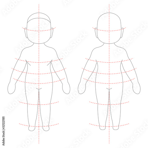 Vector illustration of child's body proportions and measurements for clothing design and sewing. Front and back views