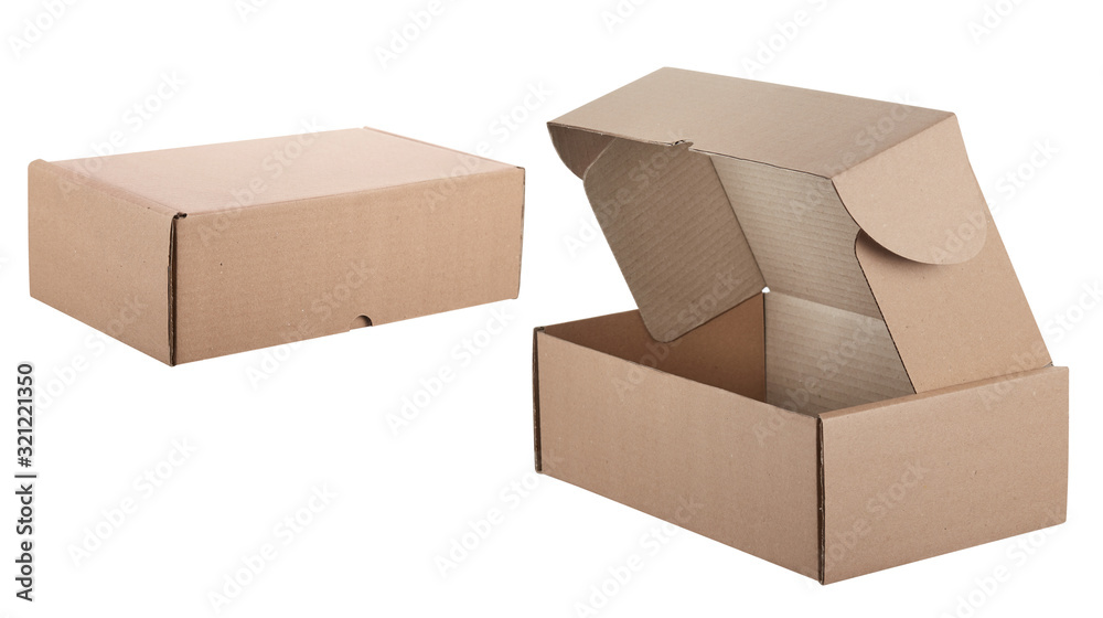 Set of two angles of a cardboard packaging box with a closed and open lid with side fixation, isolated on a white background. Set of two angles of a cardboard packaging box with a closed and open lid with side fixation, isolated on a white background.