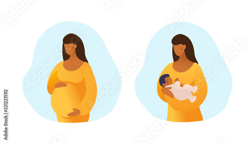 Set of illustrations about pregnancy and motherhood. Pregnant black woman. Girl with a newborn baby. Simple flat picture isolated on white background.