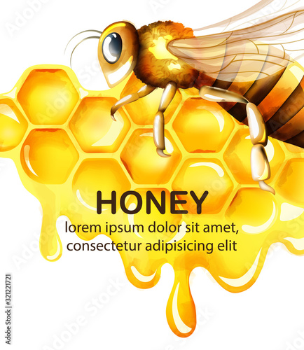 Honey watercolor set with honeycomb and big bee flying