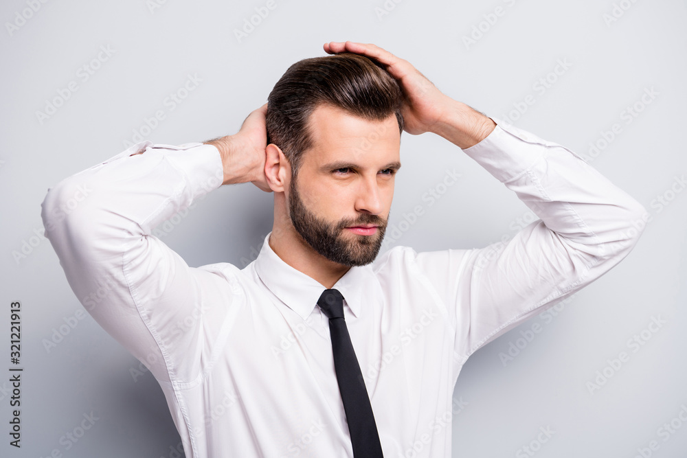 Photo of young handsome serious business man touch perfect groomed hairstyle after salon styling macho guy wear white office shirt tie isolated grey color background Photo of young handsome serious business man touch perfect groomed hairstyle after salon styling macho guy wear white office shirt tie isolated grey color background