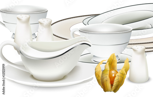 White classic style dishes with gravy boat, tea cups, salt dispenser and plates