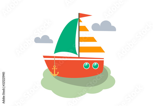 Red Boat, Sea and Clouds Illustration