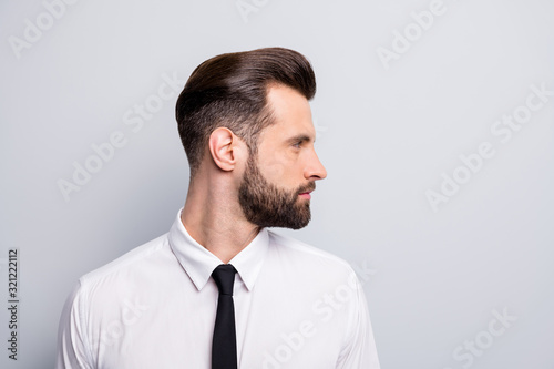 Stampa su tela Closeup profile photo of attractive handsome business man looking empty space sh
