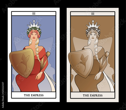 Major Arcana Tarot Cards. The Empress. Beautiful woman with long braids, sitting on a throne, holding a shield with and golden scepter shaped like a tulip.