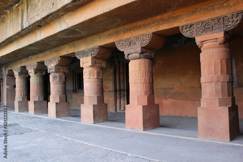 Fototapeta premium Cave 24: General View of Facade. Showing pillars in the verandah. Ajanta Caves, Aurangabad, Maharashtra, India