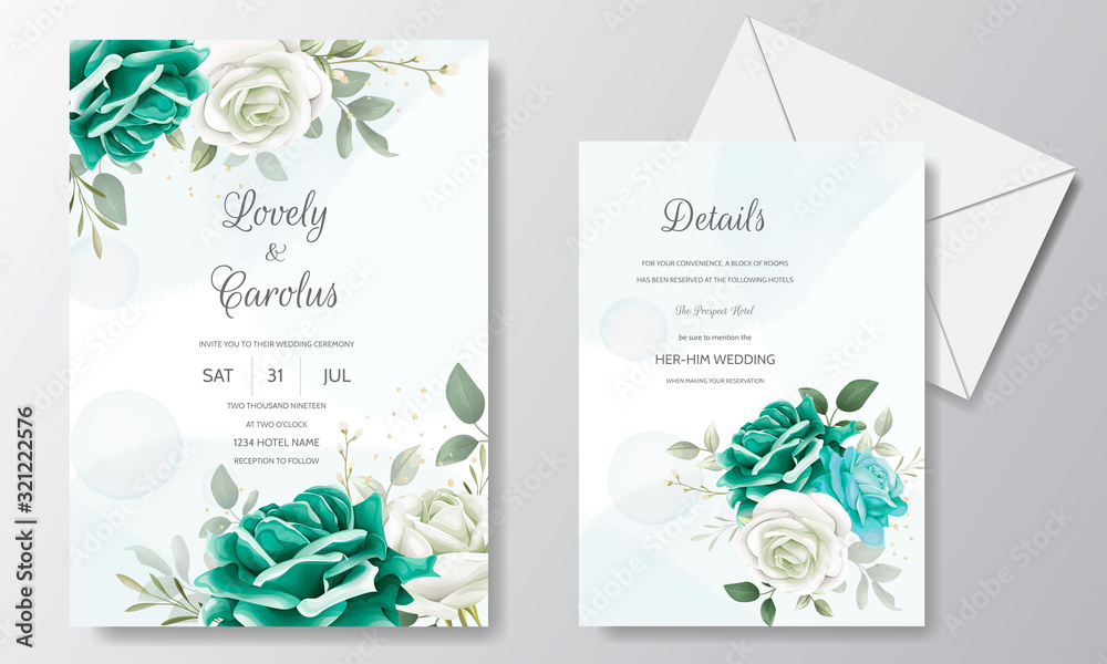 Beautiful wedding invitation card template set with greenery floral leaves and gold frame