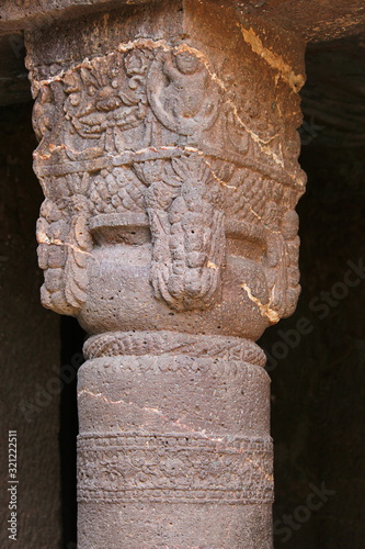 Cave 19 : Right Porch pillar detail Ajanta Caves, Aurangabad India