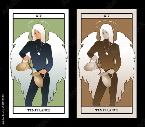 Major Arcana Tarot Cards. Temperance. Angel with appearance and clothes of young man, great wings, hair fair, pouring water from one jug to another