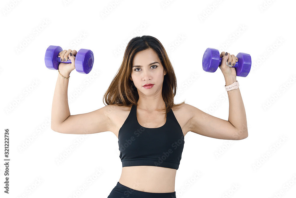 Asian woman sport using dumbbell on white, lifestyle concept. Asian woman sport using dumbbell on white, lifestyle concept.
