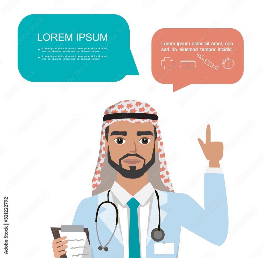 arab doctor raising up his finger to give advice or recommendation. Hospital worker speaking with speech bubble and holding clipboard.