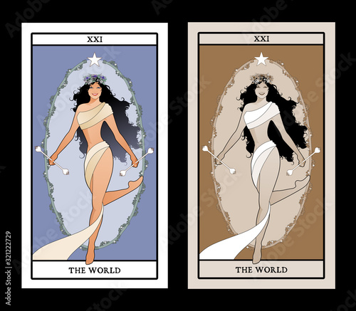 Major Arcana Tarot Cards.The World. Beautiful dancer girl, with long hair, dancing through a garland of flowers