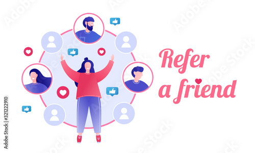 Refer a friend concept. Referral program, referral marketing, referring friends. Vector illustration.
