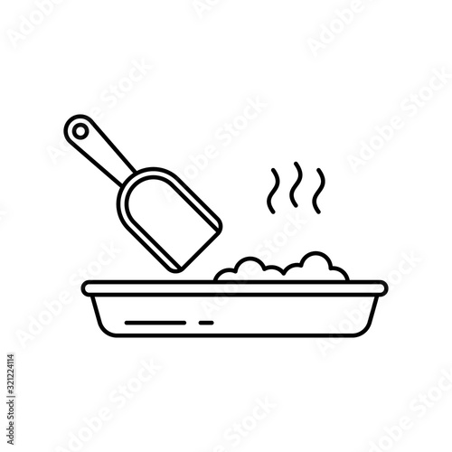 Cat litter toilet icon. Linear logo of Pet cleaning. Black simple illustration of poop scoop, tray and smell. Contour isolated vector image on white background