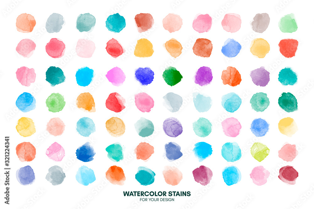 Colorful set with watercolor hand painted round shapes, stains, circles, blobs isolated on white. Elements for artistic design