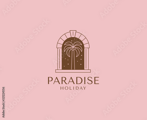 Vector logo design template with palm tree - abstract summer and vacation badge and emblem for holiday rentals, travel services, tropical spa and beauty studios