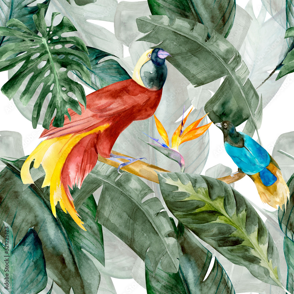 Tropical birds on the background exotic green flower hibiscus and monstera palm leaves, banana leaf. Print summer floral plant. Nature animals wallpaper. Seamless watercolor jungle pattern textile. - obrazy, fototapety, plakaty 