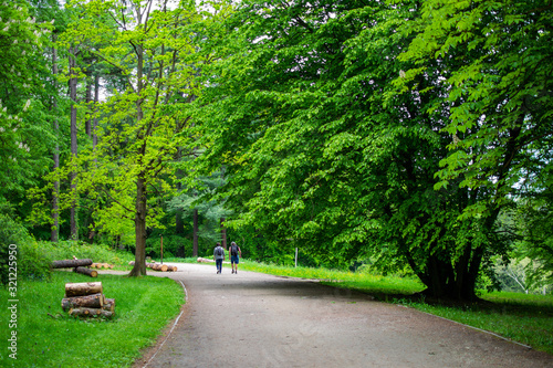 Two people walking through a pathway in Zamecky Park in Hluboka Castle (Hluboka nad Vltavou, Czech Republic) with green grass and trees at both sides