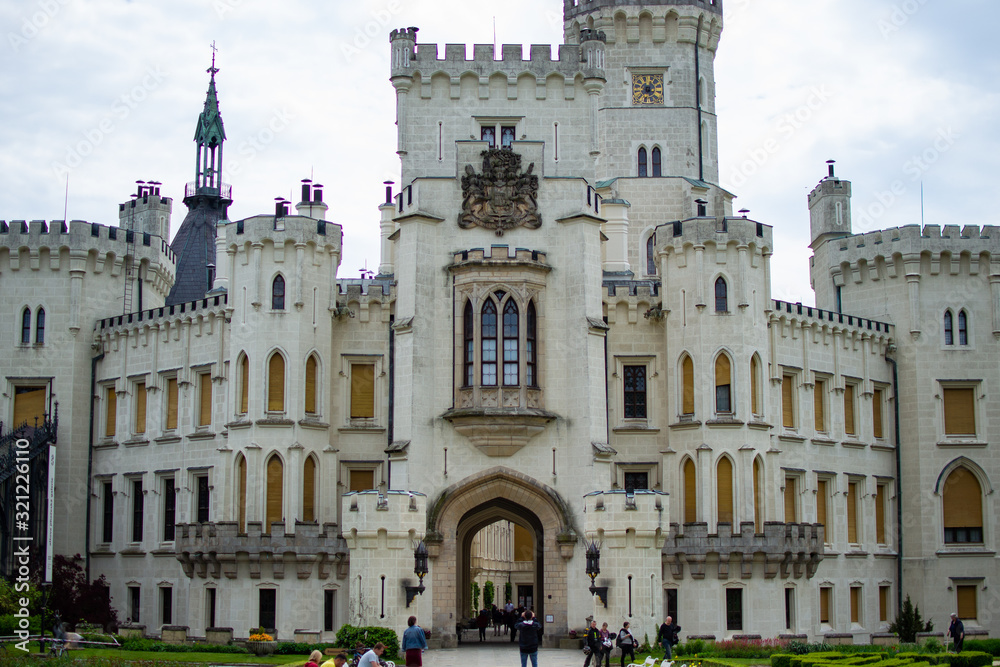 Facade of Hluboka Castle (Hluboka nad Vltavou Castle), also called The State Chateau of Hluboka, a neo-gothic castle in South Bohemia, in Czech Republic