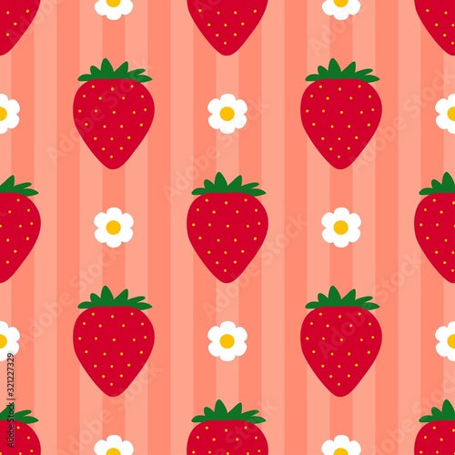 Strawberry pattern. Seamless striped background with drawn berry. Red fruit. Flat cartoon style. Great for kitchen, tablewear, fabric, textile. Vector
