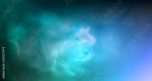 Realistic blue fog. Colored smoke. 3d fog. Copy space. Vector stock illustration. Turquoise abstract background. Neon flashes of light. Mystical and occult background.