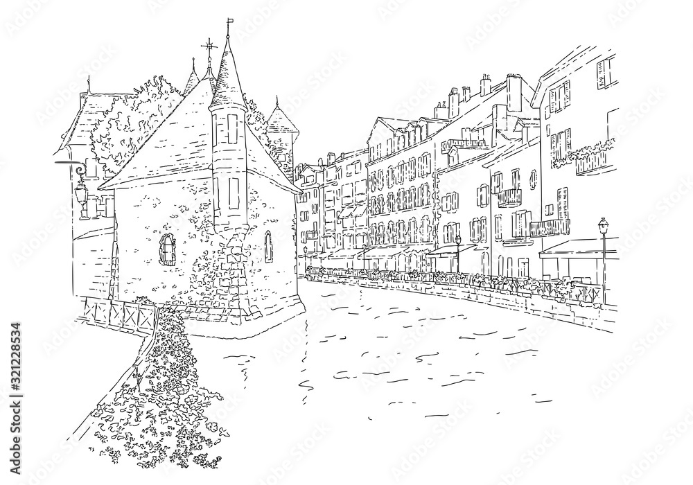 City sketching. Line art silhouette. Travel card. Tourism concept. France, Annecy. Isolated. Vector illustration.